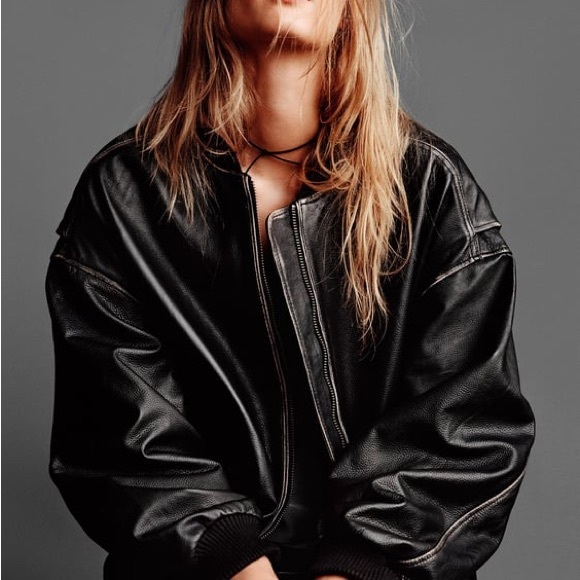 NEW Zara Oversized Leather Bomber Jacket in Dark Brown Large